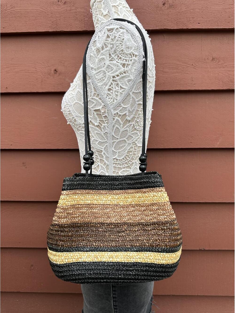 Sonoma Woven Straw Shoulder Bag with Earth Tone‎ Stripes